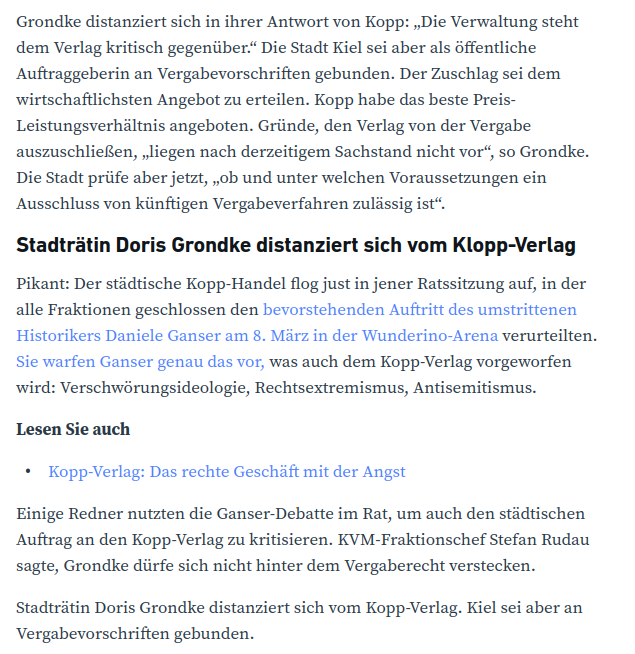 AfaNord's tweet image. 2023 bestätigte die Stadt #Kiel, den extrem rechten  #Kopp-Verlag aus Steuermitteln zu finanzieren. Die Angebotspalette an verschwörungsideologischer, neonazistischer und antisemitische Literatur sei für die Stadt kein Auschlussgrund nach dem Vergaberecht.

#NoNazis #Brandmauer