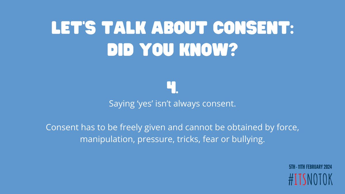 TW: Let's talk about consent. 

Any sexual activity without consent is sexual violence. 

Consent can only be obtained by someone of legal age who has the freedom and capacity to consent and should be obtained prior to any sexual activity.

#ItsNotOk #SASVAW24