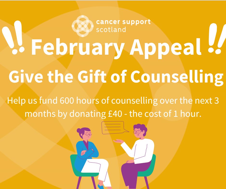 Our 'Give the Gift of Counselling' campaign aims to fund 600 hours of counselling over the next three months for those affected by cancer in Scotland. •£40 donation can fund a 1-hour session. •£240 can fund 6-session block of counselling. Donate Now: justgiving.com/campaign/givet…