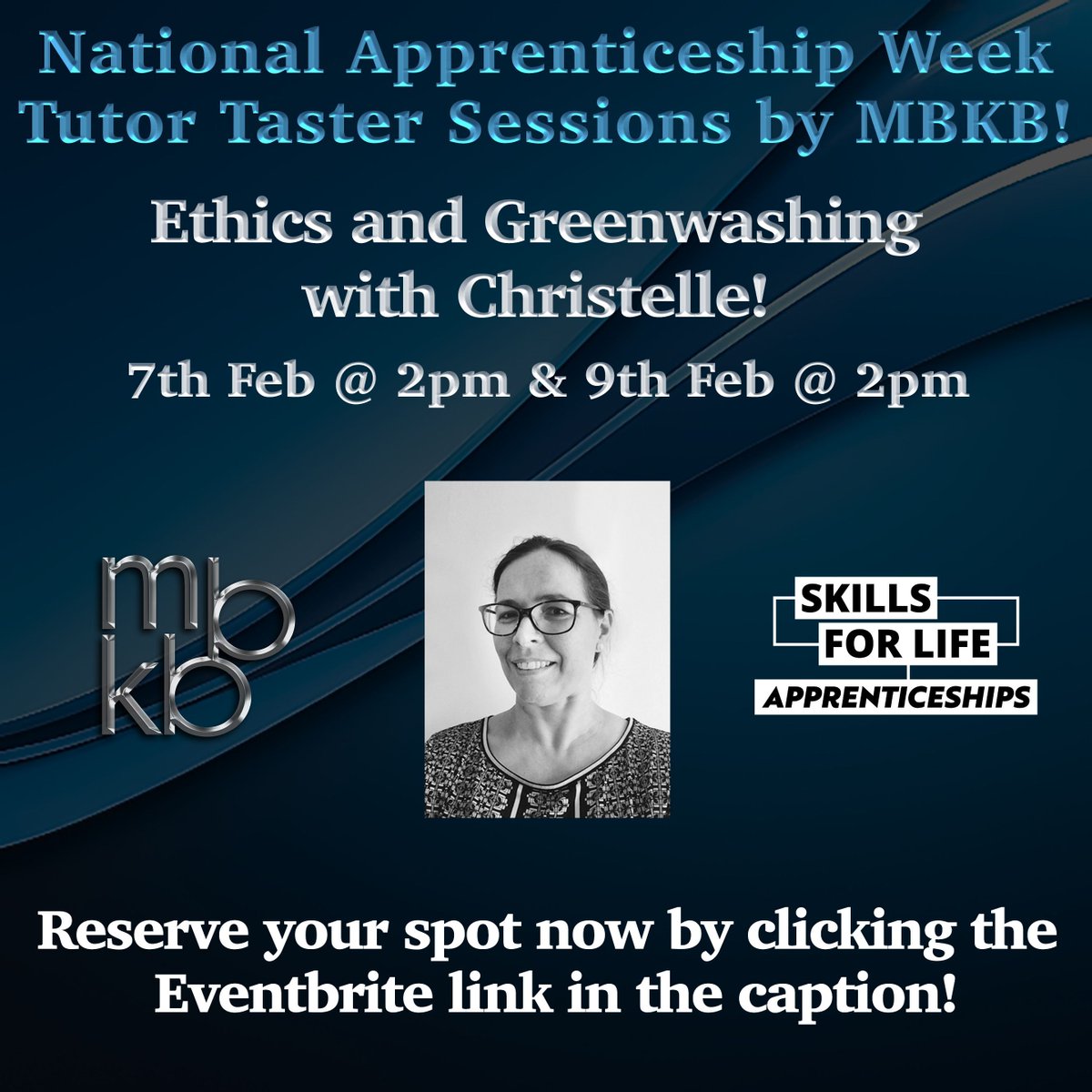 mbkbtraining's tweet photo. Today's the day to join Christelle Moisan for another of our National Apprenticeship Week Tutor Taster Sessions at 2pm! Secure your spot https://t.co/wRnSOMBQYk #MBKB #MBKBTraining #OfstedOutstandingTrainingProvider #NAW #SkillsForLife #TasterSessions #EthicsAndGreenwashing #CRS https://t.co/dujFLifytp