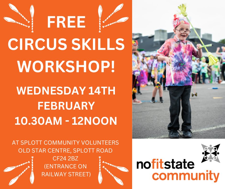 splottcomvols's tweet photo. Another free family fun activity for half term! Join @NoFitState at our facility in Splott next Wednesday morning for super-duper circus skills! Suitable for all ages and abilities (plus there will be free drinks and snacks 😃👍🤹). https://t.co/tlrW1m8RHl
