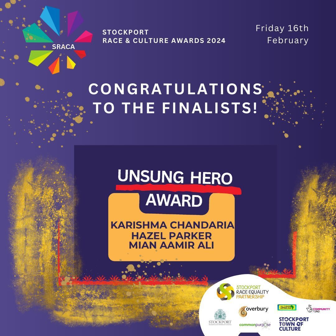 Throughout this week we are congratulating our finalists for the Stockport Race and Culture Awards 2024! 🌟 Today join us in congratulating our finalists in the Unsung Hero Award category! ✨ ⏳9 days to go until the ceremony 🎟️Get your tickets now buff.ly/4aF03d4