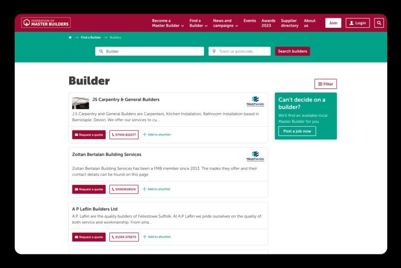 pixl8's tweet photo. Our client @fmbuilders new Find a Builder directory has delivered soaring results - including a 50% increase in visitors and 25% more messages to builders - in the first 5 weeks.

See how they transformed this key service: https://t.co/g5TO0vHosK

#membership #tech #design #UX https://t.co/uB4LsSCaaS
