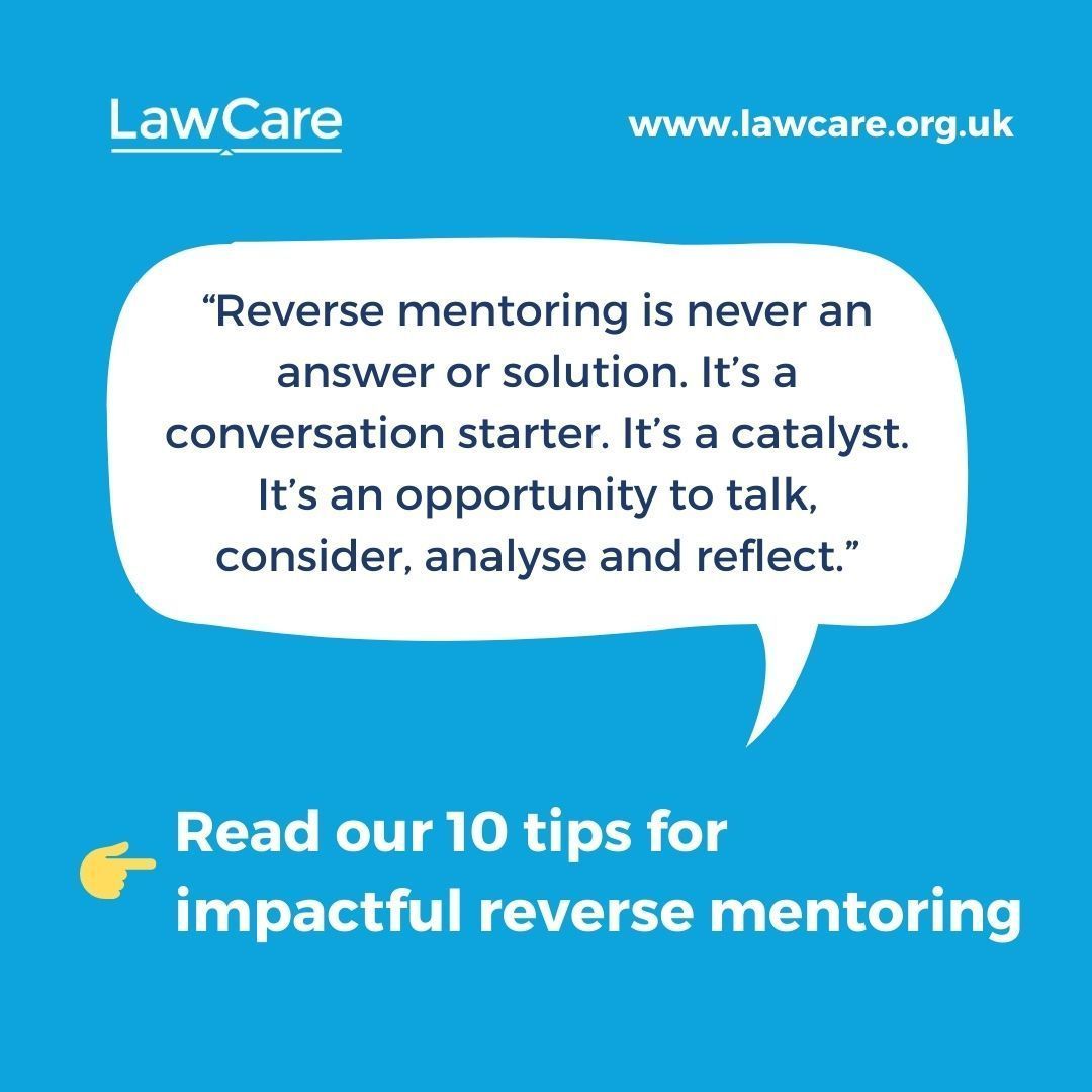 "Reverse mentoring is never an answer or solution. It’s a conversation starter. It’s a catalyst. It’s an opportunity to talk, consider, analyse and reflect."

👉  Read our 10 tips for impactful #ReverseMentoring  lawcare.org.uk/get-informatio… 

#LegalSector #lawyer #law #MentalHealth