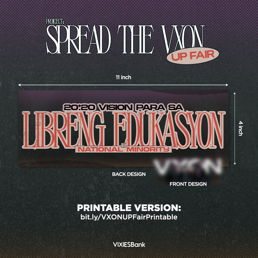 VixiesBank's tweet photo. [📢] PROJECT: SPREAD THE VXON (UP FAIR)

The SubdVXON has a clear vision in standing for the advocacies of UP Fair. 

We will be distributing these VXON banners on Feb 13 &amp; 17 for @poprisingPH and @REVpresents! ✨

See you there, VIXIES! 💜
@vxonofficial #VXON https://t.co/Rrw5OLHNQt