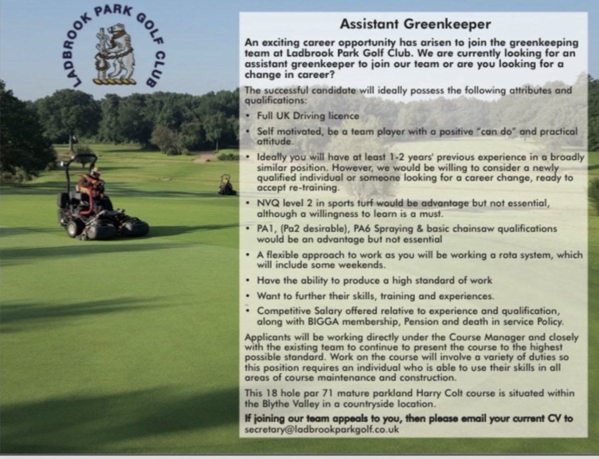Assistant Greenkeeper position at Ladbrook Park Golf Club.
<a href="/LadbrookParkGC/">LadbrookParkGC</a>