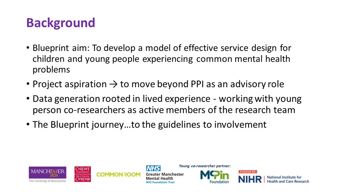 <a href="/camh_crisis2/">CAMH-Crisis2</a> <a href="/BlueprintMH/">Blueprint</a> <a href="/DBadenoch/">Douglas Badenoch</a> <a href="/NicolaEvans007/">Dr Nicola Evans</a> <a href="/gnaughton3/">Gordon Naughton</a> <a href="/McPinFoundation/">The McPin Foundation</a> <a href="/MHNProfSteven/">Steven Pryjmachuk</a> Firstly, the aim of <a href="/BlueprintMH/">Blueprint</a> is to develop a model of service design for children and young people experiencing common mental health problems.  Importantly, working with PPI as co-researchers, rooted in lived experience.

#CAMHSsmallsteps