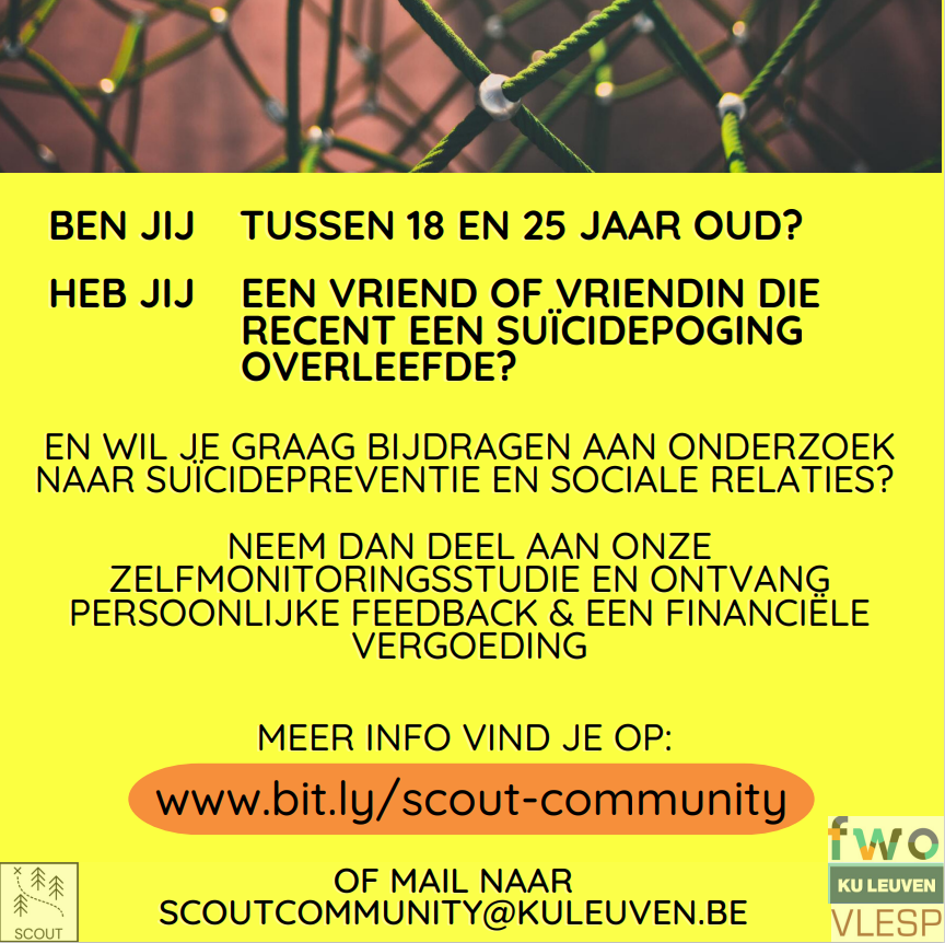 📢Oproep: onze collega's van <a href="/ccp_leuven/">Center for Contextual Psychiatry</a> zijn op zoek naar jongvolwassenen van wie een vriend(in) recent een (niet-fatale) poging tot zelfdoding ondernam. Meer info 👉 bit.ly/scout-community