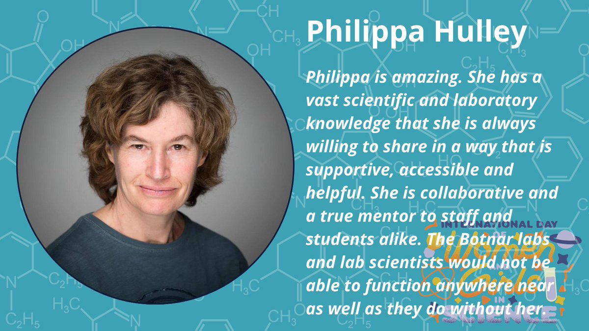 ‘Philippa Hulley is amazing. She has a vast scientific and laboratory knowledge that she is always willing to share in a way that is supportive, accessible and helpful. She is collaborative and a true mentor to staff and students alike.’ @BotnarOxford