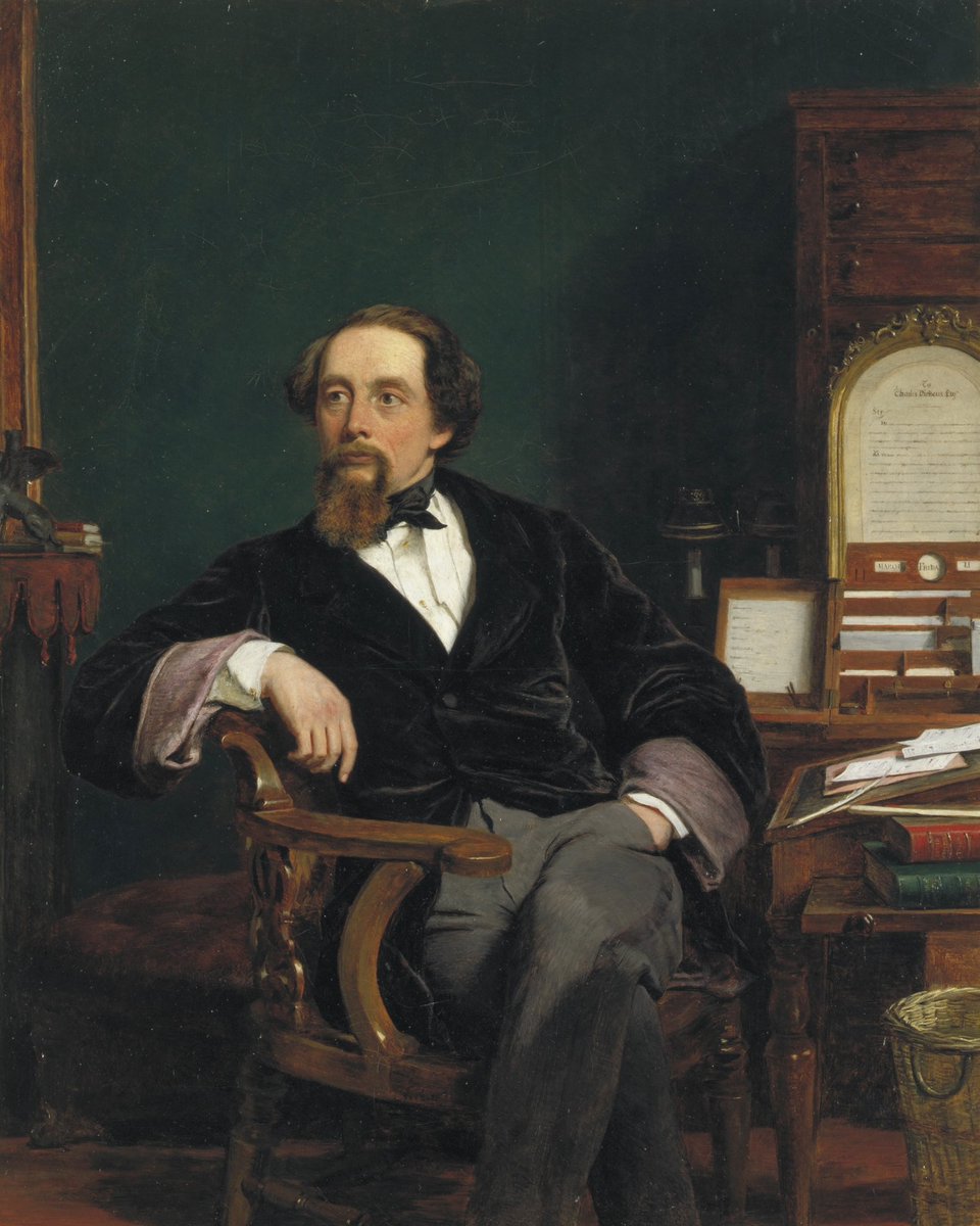 V_and_A's tweet photo. Charles Dickens was born #OnThisDay in 1812. 

As the most popular British novelist of the Victorian era, Dickens crafted some of English literature's most iconic characters, including Ebenezer Scrooge, David Copperfield, Oliver Twist and Miss Havisham.

The enduring appeal of his novels and short stories is such that they have never gone out of print.

🎨Oil painting, 'Charles Dickens', William Powell Frith, 1859
✍️Original manuscript of Hard Times, by Charles Dickens, vol. 2, England, 1854
✍️Original manuscript of A Tale of Two Cities, by Charles Dickens, vol. 2, England, 1859
🖼️Poster advertising an exhibition held at the V&A, reproducing a portrait of Dickens by I.O. Barlow after W.P. Frith; Colour offset lithograph; Design by Peter Branfield; Great Britain; 1970