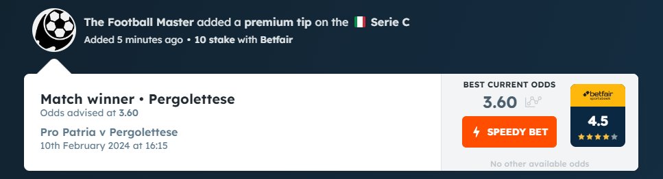T_Foot_Master's tweet image. "Wednesday's Bet of The Day "   
  10 February / Italia Serie C
Pro Patria vs Pergolettese  
Pergolettese to win @ 3.60 @Betfair 

#FreePick #BOTD like retweet