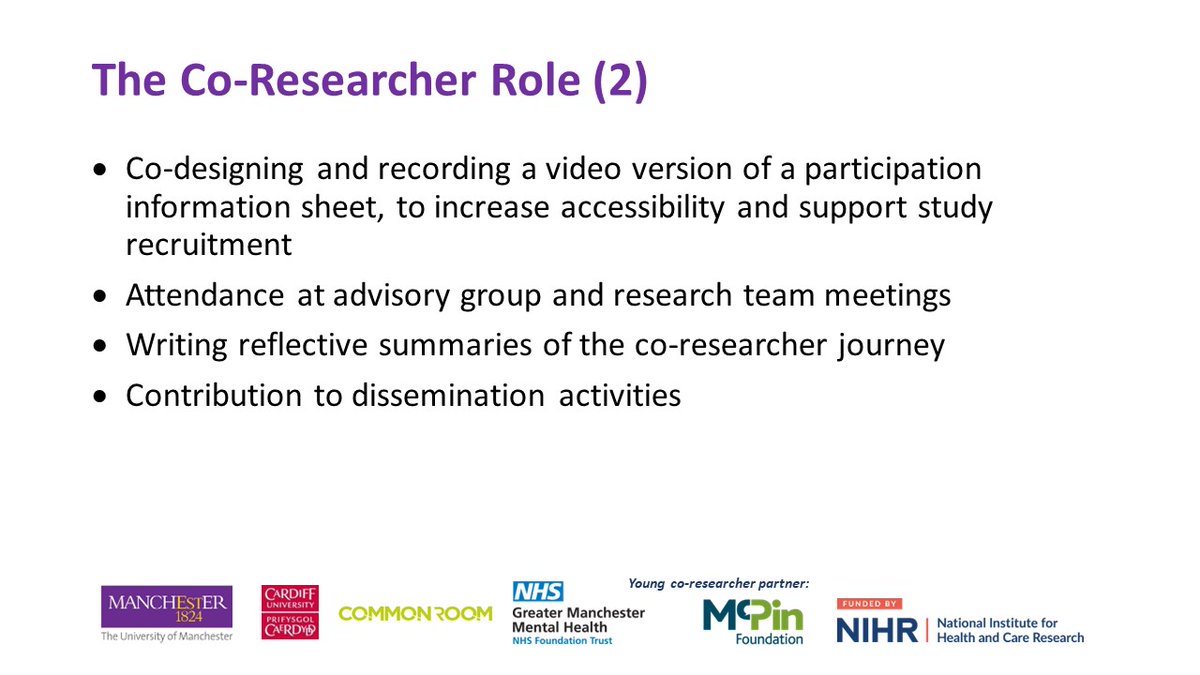 <a href="/camh_crisis2/">CAMH-Crisis2</a> <a href="/BlueprintMH/">Blueprint</a> <a href="/DBadenoch/">Douglas Badenoch</a> <a href="/NicolaEvans007/">Dr Nicola Evans</a> <a href="/gnaughton3/">Gordon Naughton</a> <a href="/McPinFoundation/">The McPin Foundation</a> <a href="/MHNProfSteven/">Steven Pryjmachuk</a> How did the role of co-researcher work in Blueprint? 2/2 #CAMHSsmallsteps

Co-designing a video to improve accessibility
Advisory group and team meetings
Reflective summaries
Dissemination