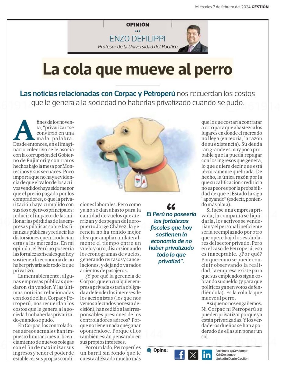 enzodef's tweet image. Como hemos visto estas semanas, las empresas públicas no trabajan para sus accionistas (nosotros), sino para sus empleados. Es la cola la que mueve al perro #Perú #economía #Petroperú #Corpac