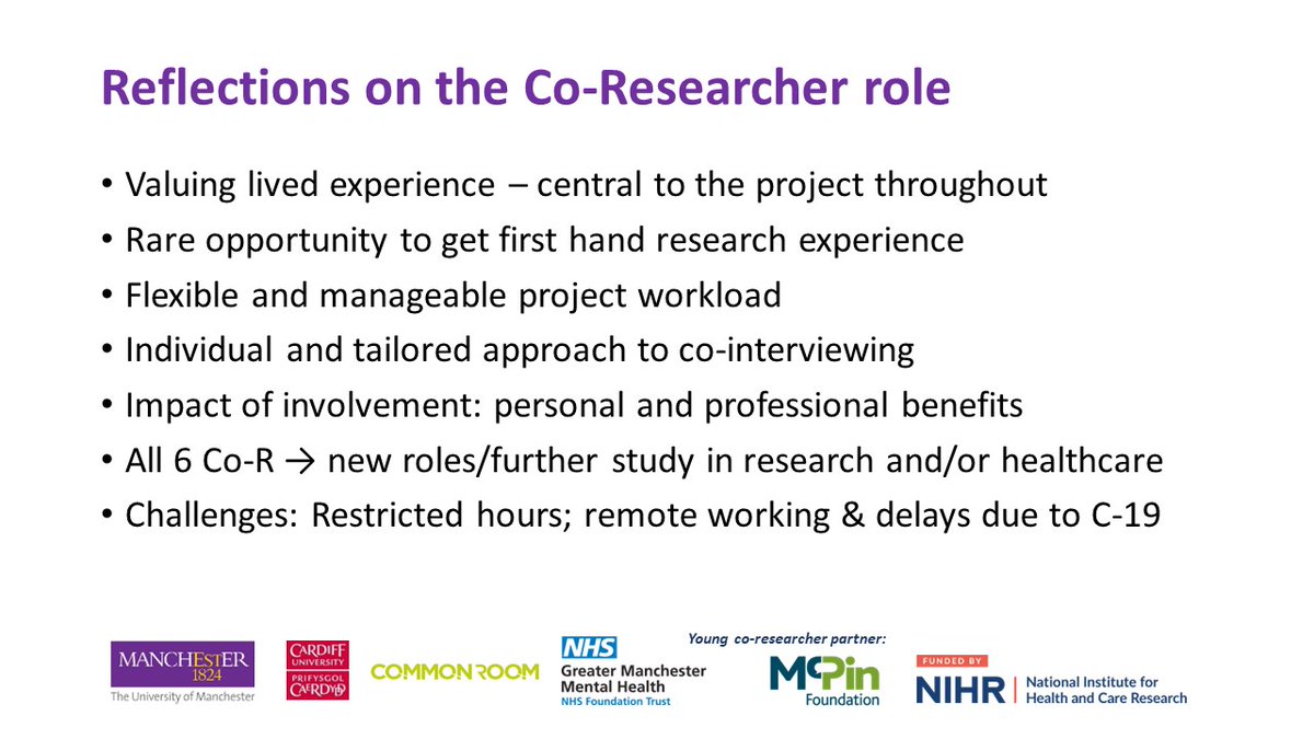 <a href="/camh_crisis2/">CAMH-Crisis2</a> <a href="/BlueprintMH/">Blueprint</a> <a href="/DBadenoch/">Douglas Badenoch</a> <a href="/NicolaEvans007/">Dr Nicola Evans</a> <a href="/gnaughton3/">Gordon Naughton</a> <a href="/McPinFoundation/">The McPin Foundation</a> <a href="/MHNProfSteven/">Steven Pryjmachuk</a> Now Georgia is reflecting on how the role of co-researcher worked.

This was a rare opportunity to get first hand research experience, benefitting the whole team.

Challenges were managing workload, limited hours and working under Covid-19 restrictions.

#CAMHSsmallsteps