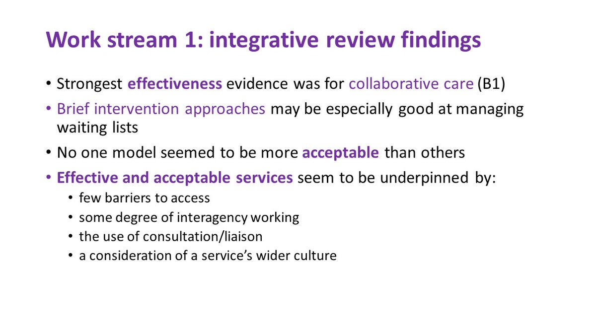 <a href="/camh_crisis2/">CAMH-Crisis2</a> <a href="/BlueprintMH/">Blueprint</a> <a href="/DBadenoch/">Douglas Badenoch</a> <a href="/NicolaEvans007/">Dr Nicola Evans</a> <a href="/gnaughton3/">Gordon Naughton</a> <a href="/McPinFoundation/">The McPin Foundation</a> <a href="/MHNProfSteven/">Steven Pryjmachuk</a> Steven summarises the review findings:

The strongest evidence favoured collaborative care

Brief interventions may be good for managing waiting lists

No one model was more acceptable.

#CAMHSsmallsteps