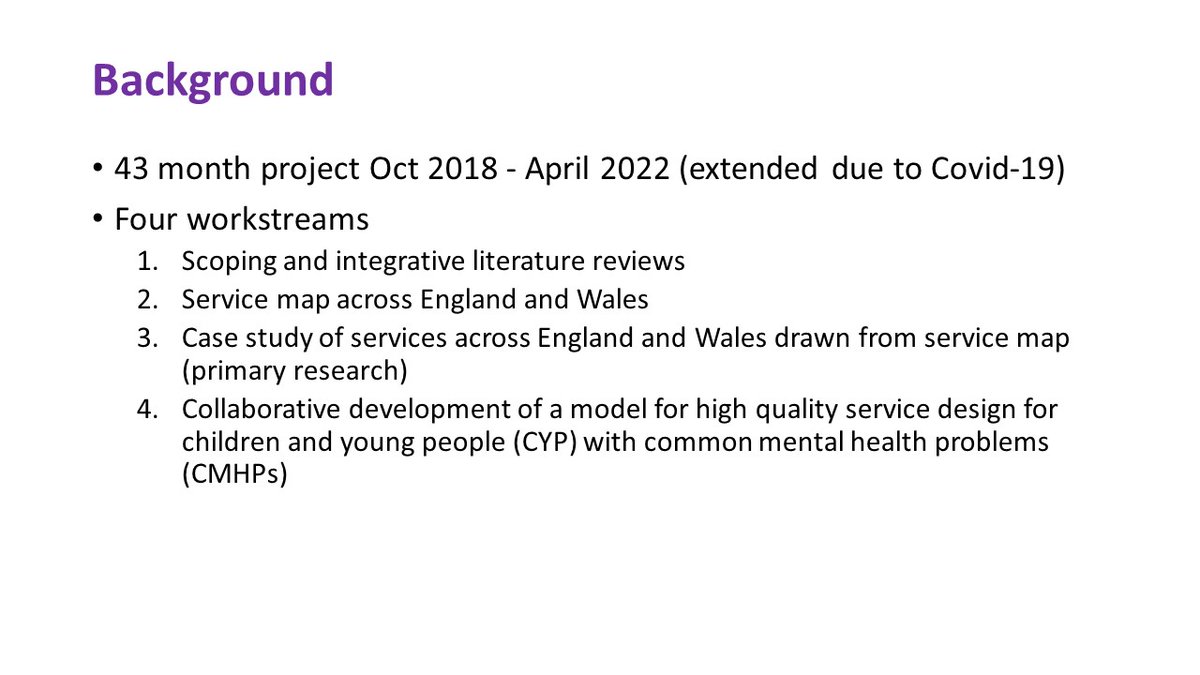 <a href="/camh_crisis2/">CAMH-Crisis2</a> <a href="/BlueprintMH/">Blueprint</a> <a href="/DBadenoch/">Douglas Badenoch</a> <a href="/NicolaEvans007/">Dr Nicola Evans</a> <a href="/gnaughton3/">Gordon Naughton</a> <a href="/McPinFoundation/">The McPin Foundation</a> <a href="/MHNProfSteven/">Steven Pryjmachuk</a> There are four workstreams:

1) Literature reviews
2) Service mapping for England and Wales
3) Case study of services
4) Collaborative model development

#CAMHSsmallsteps
