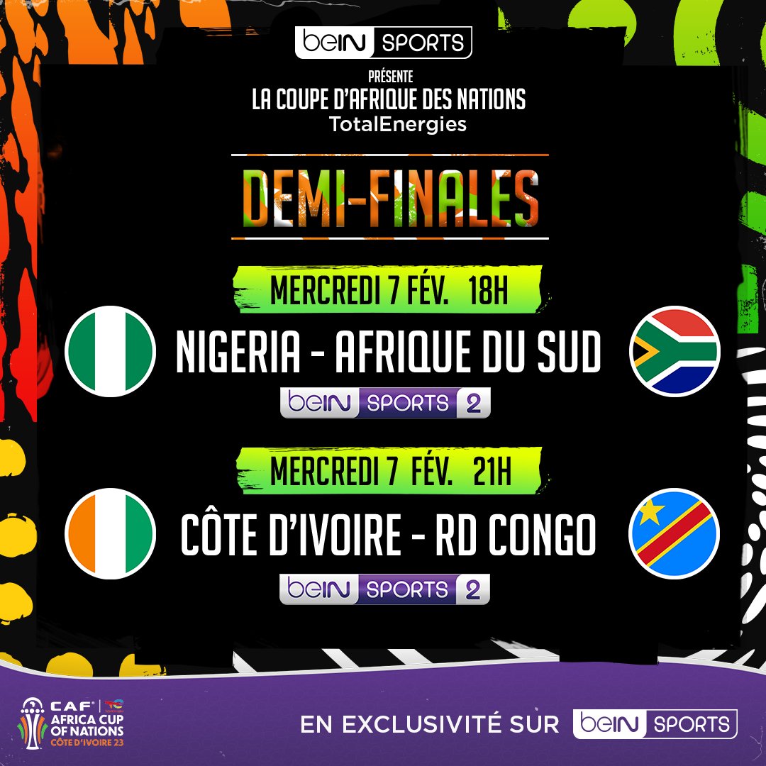 Place aux Demi-Finales ! C'est reparti pour une dose d'émotions, est-ce que vous êtes prêts ?? 🔥🥳 Rdv à partir de 20h30 avec @Vanessalemoigne @Sol14Bamba @BenMoukandjo @RobertMalm et @truilletgui pour l'avant-match ! Coup d'envoi de Côte d'Ivoire - RDC à 21h ! #AFCON2023