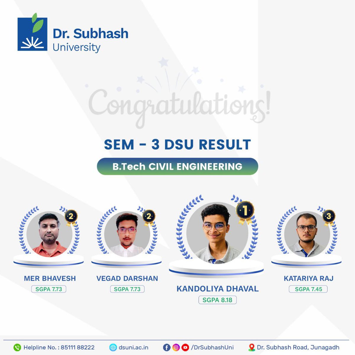 DrSubhashUni's tweet image. 🌟Exciting Update🌟 The results for Sem 3 B.Tech Civil are out now! 📚🎓 A huge shoutout to all the brilliant students for their outstanding performance! 🎉 Let&apos;s celebrate this milestone together at DSU 👏🏼 #BtechCivilEngineering
#DSU #DrSubhashUniversity