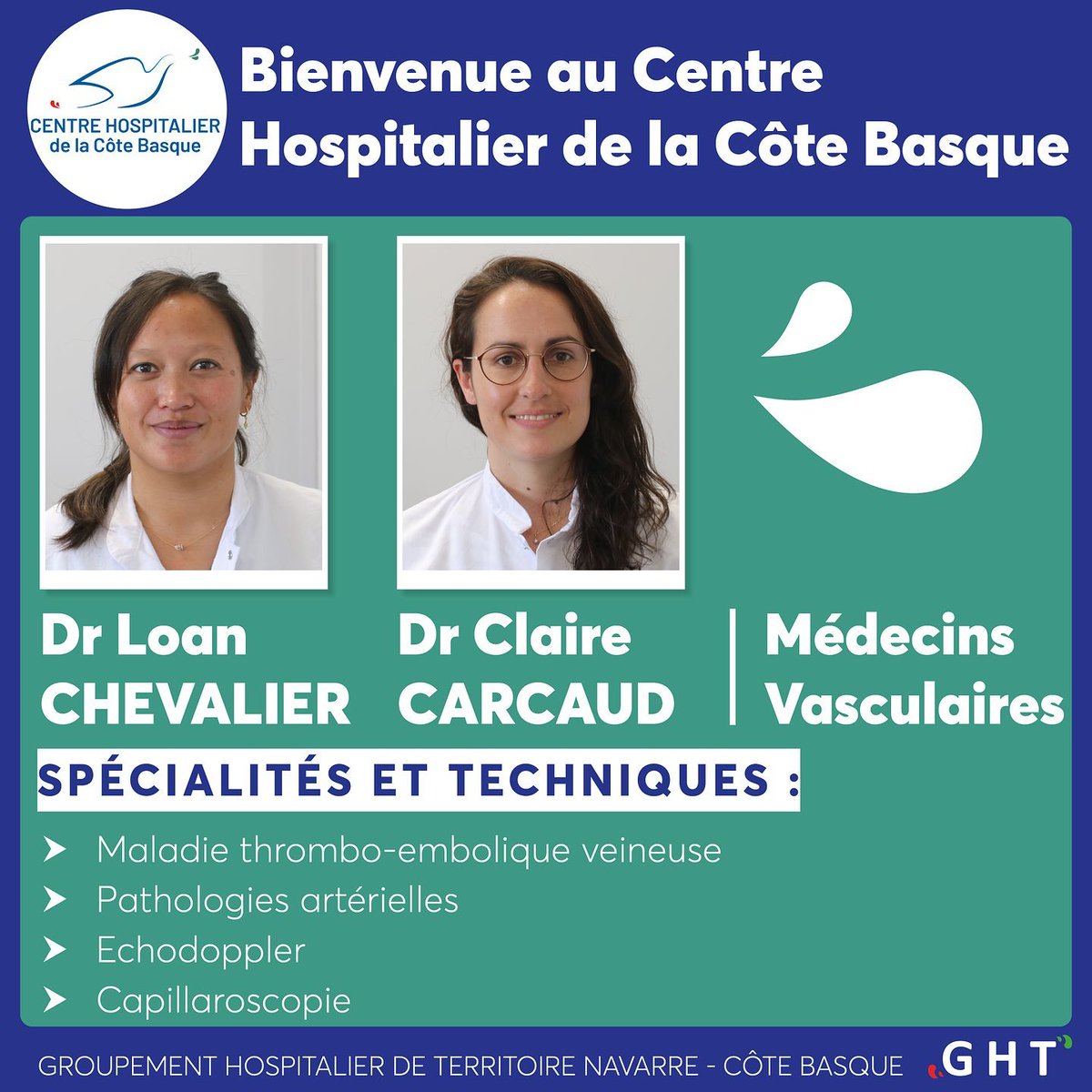CHCoteBasque's tweet photo. Pays Basque #Hôpital #Bayonne  #nouveau #médecin #vasculaire   #monhopitalestattractif 
Bienvenue au Centre Hospitalier de la Côte Basque aux Dr Loan Chevalier et Claire Carcaux , dans le cadre de la création d'une nouvelle offre de soins de #médecine #vasculaire https://t.co/xp0flo2Hn3
