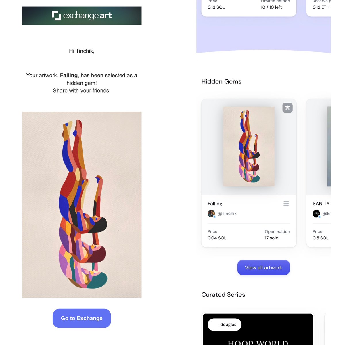 Gm fam ❤️‍🔥

Awesome morning news🤩
“Falling” has been selected as a hidden gem on a front page of <a href="/exchgART/">Exchange Art</a> 🔥

Thank you so much fam, unbelievable 🫶

OE
0.04 $SOL
👇👇👇