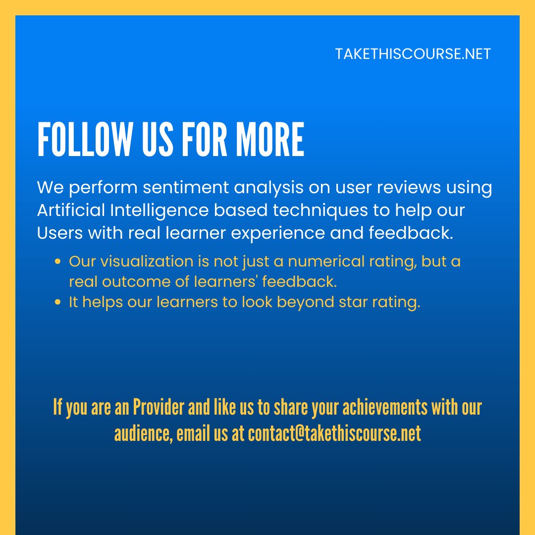 takethiscourse's tweet image. 🎓 @UQ_News has Received a Commendable overall rating of 4.7 out of 5.0, based on an extensive analysis of 832 reviews spanning across 05 online courses offered on @FutureLearn.
👉Provider of the Week: takethiscourse.net/course-provide…
#StudentSentimentAnalysis #LearnerSentimentAnalysis