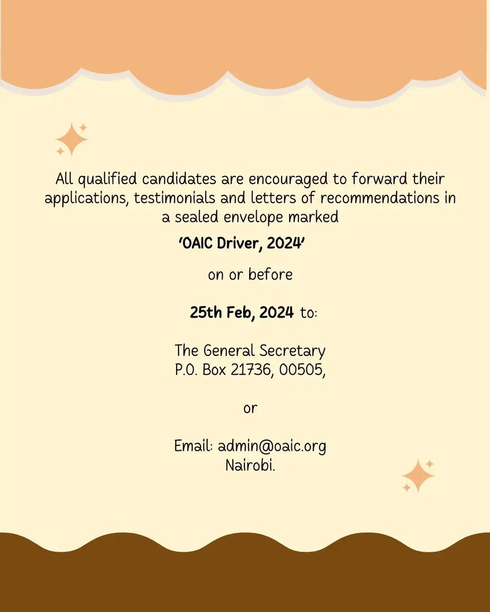 Attention all skilled drivers! 🚗 OAIC is hiring for the 2024 Driver position. Submit your applications, testimonials, and recommendations by Feb 25, 2024. Don't miss this opportunity to join our team! #OAICDriver2024 #HiringNow #NairobiJobs #Kenya