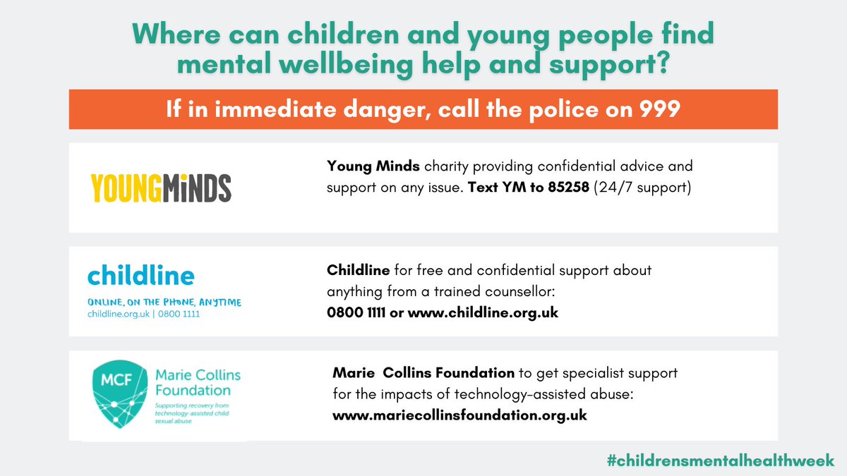 CEOPEducation's tweet photo. This week is Children's Mental Health Week. Help and support for children and young people on all aspects of mental health wellbeing, including the impact of online child sexual abuse, is offered through the following organisations year-round: https://t.co/20poDqVtcC