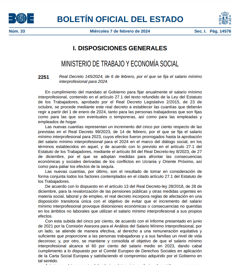 esther_fol's tweet photo. #ActualidadFOL Publicado en #BOE el Real Decreto 145/2024, de 6 de febrero, por el que se fija el #SMI para 2024 #FOLcomparte
💶1.134 euros/mes
💶37,8 euros/día
💶15.876 euros/año
 https://t.co/Uaa3zUBW12 https://t.co/NFcqqLtKYR