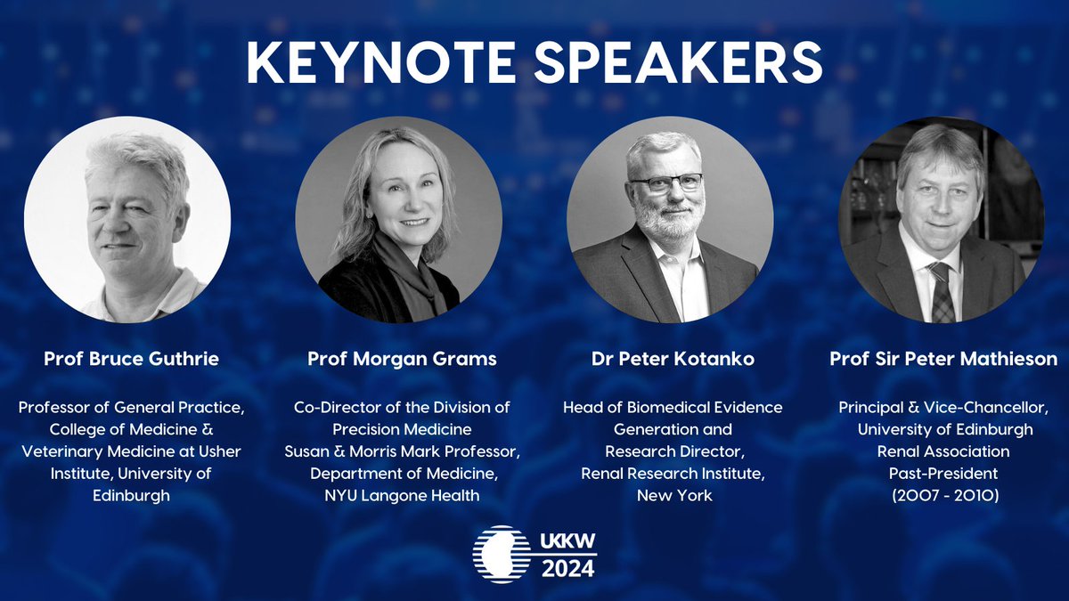 We're delighted to announce the exceptional keynote speakers for #UKKW2024 🗣️ Prof Bruce Guthrie, Prof Morgan Grams, Prof Sir Peter Mathieson & Dr Peter Kotanko. Register now for a conference brimming with valuable insights & collaborative discussions! 📝bit.ly/3WTp8ZU