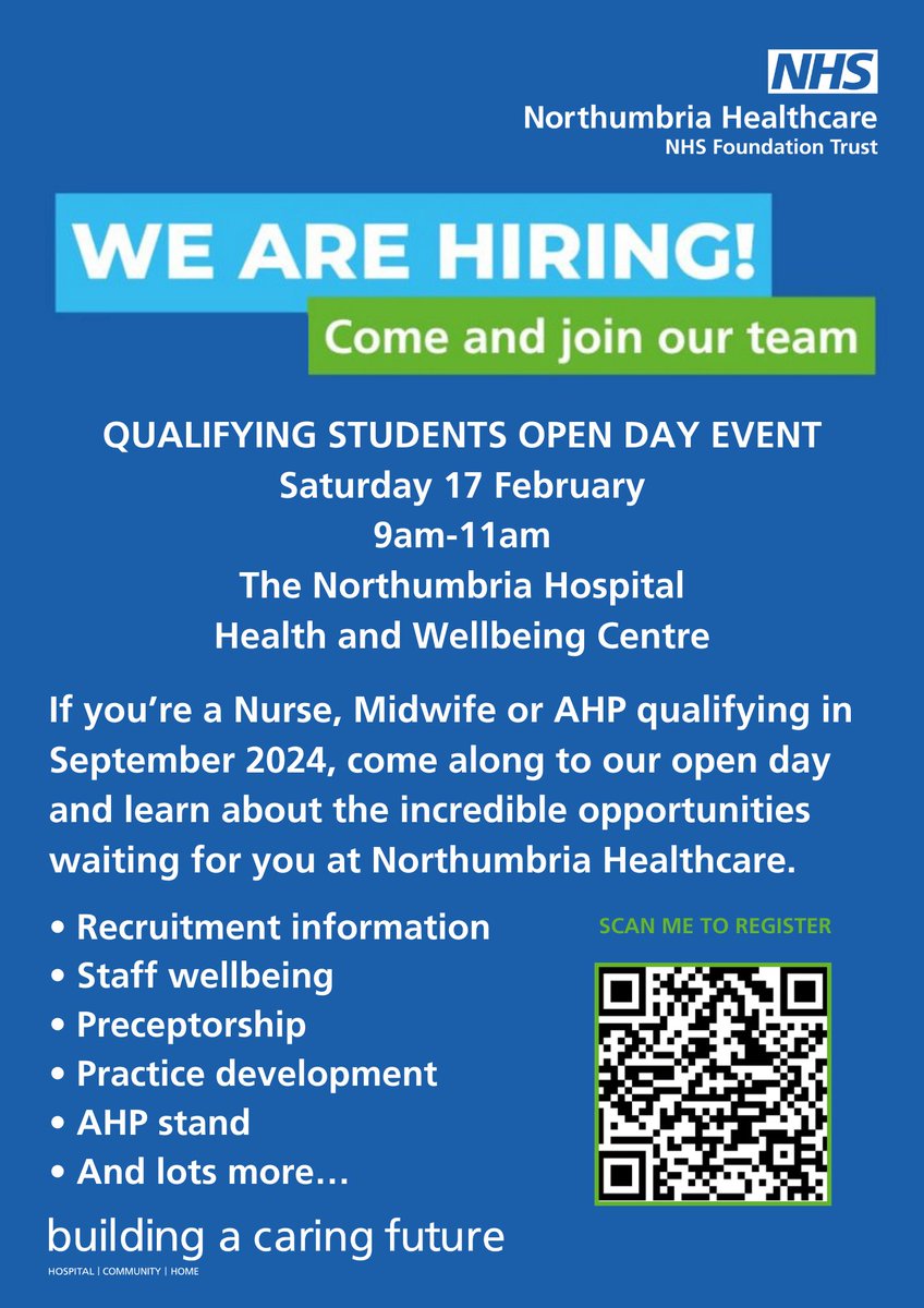 Are you a nurse, midwife or AHP qualifying this September?👀 If you are, come along to our open day and learn about the incredible opportunities waiting for you in out trust! 📅 Sat 17th Feb, 9-11am 📍 Health and Wellbeing Centre at The Northumbria Hospital, NE23 6NZ