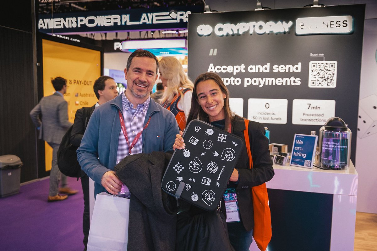 cryptopay's tweet photo. What a fantastic first day at #ICE London for Cryptopay! 🔥 We can’t wait for another great day ahead at 🔹𝗦𝘁𝗮𝗻𝗱 𝗡𝟴-𝟰𝟯𝟮🔹. Let's talk #futureofpayments.

#WeAreCryptopay #10YearsCryptopay https://t.co/8JZWy203yP