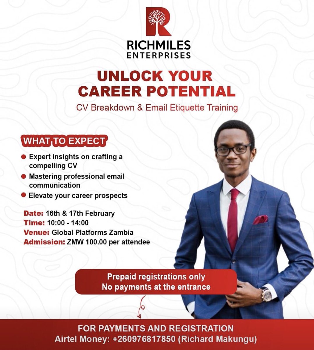 zambianbusines1's tweet image. Don&apos;t miss out on this invaluable opportunity to enhance your career prospects! 

Limited seats available, so act fast! 💼✨ 

#EmailEtiquette 
#CVStructure
 #MasterClass
 #ProfessionalDevelopment
#Opentowork
#jobhunting 
#unemployment