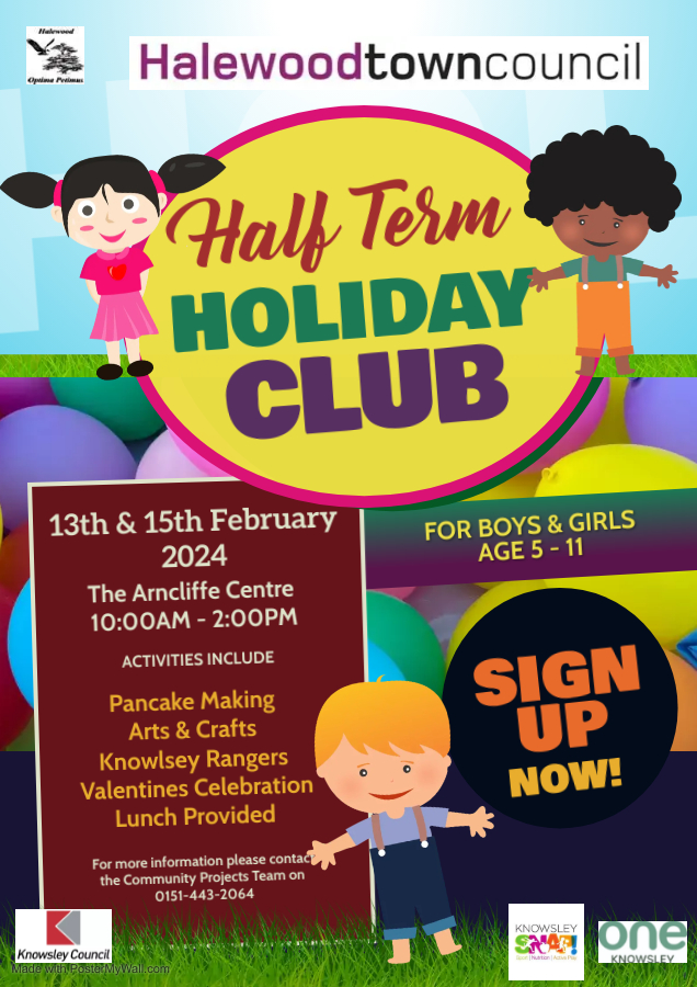 Halewood Town Council Half Term Holiday Club Contact our Community Projects Team to sign up 01514432064 #oneknowsley #KnowsleySnap #Knowsleycouncil