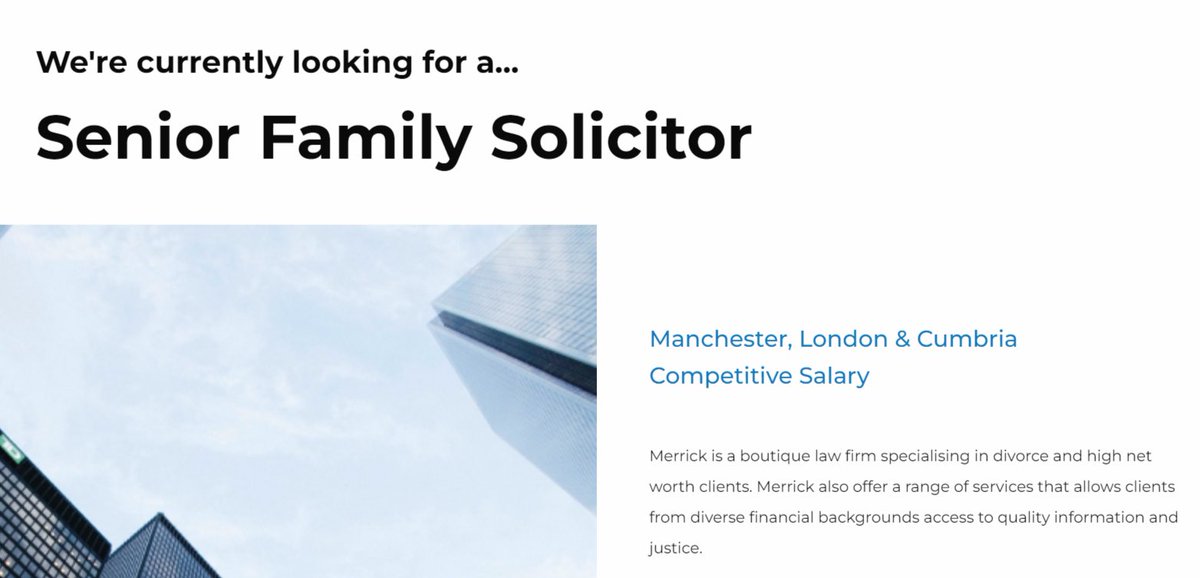 We're looking for that special someone who can help us grow. 

Know someone with expertise in family law, divorce, children and financial settlements looking for their next opportunity?

Details at merrick-solicitors.com/careers  

#familylaw #legalrecruitment #solicitorjobs