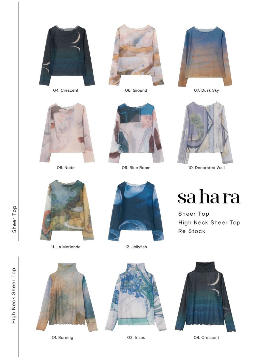 marte_jp's tweet photo. Sheer Top Series Re Stock

◾︎ Sheer Top
04Crescent
06Ground
07Dusk Sky
08Nude
09Blue Room
10Decorated Wall
11La Merienda
12Jellyfish

◾︎ High Neck Sheer Top
01Burning
03Irises
04Crescent

https://t.co/kv5IVmWqHy https://t.co/fQxJLYS7QN