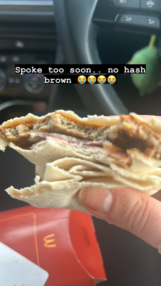 BekCavill's tweet photo. Waited 20 mins for my first breakfast wrap in years, only to be missing the hash brown 😭😭@McDonaldsUK please help https://t.co/TVLL5RjnQv