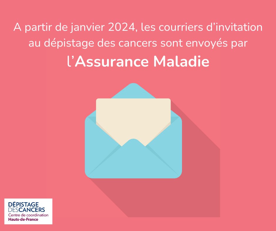 📣 A compter de janvier 2024, l'#AssuranceMaladie envoie les courriers d’invitation aux dépistages organisés des cancers.
 
✉️ Les courriers envoyés par le CRCDC Hauts-de-France jusque décembre 2023 restent valables.

#CrcdcHdF