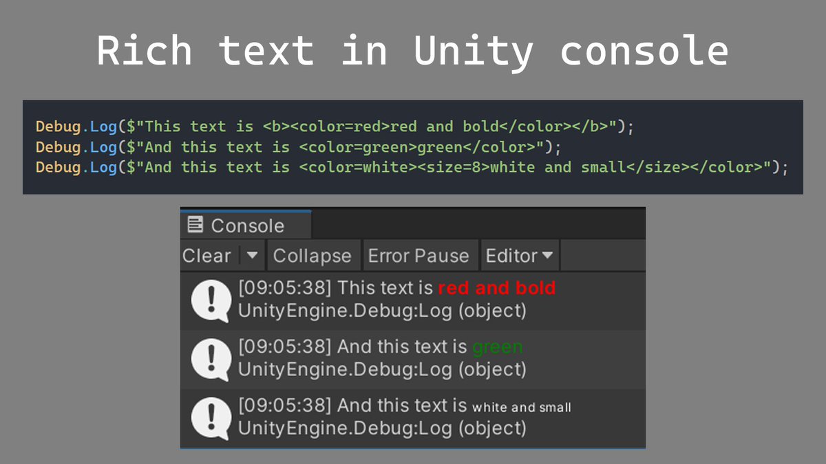 MarioJacobCom's tweet image. A little tip for Debug.Log in Unity Console, you can use rich text.
#unitytips #gamedev #indiedev #unity #tips #programming