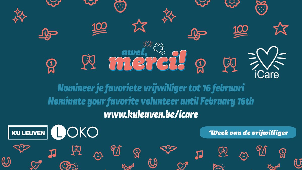 It's #iCare time again, let's celebrate our volunteers! Nominate students and staff <a href="/KU_Leuven/">KU Leuven</a> who are volunteering for organisations, until 16th of Feb. Together with UP, Stuvo &amp; <a href="/LOKOleuven/">LOKO</a> we'll thank and celebrate them in the Week of the Volunteer
kuleuven.be/icare/weekvand…