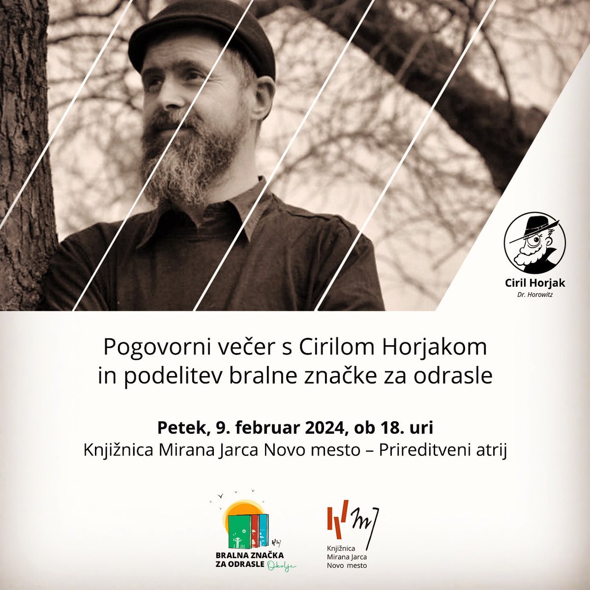 Ob kulturnem prazniku in zaključku bralne značke za odrasle se bomo z letošnjim nagrajencem Prešernovega sklada, Cirilom Horjakom - dr. Horowitzom, pogovarjali o njegovem ustvarjalnem opusu in vlogi stripa v sodobni družbi.

ℹ️ kmj.si/si/napovednik/…

Vabljeni.