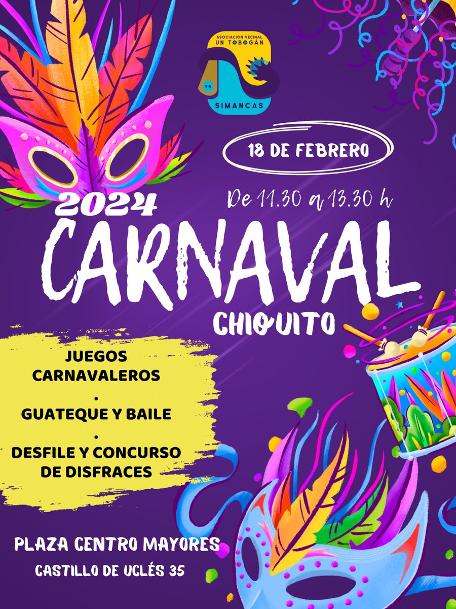 Disfruta del Carnaval del Cole, del Pueblo, del Centro y el próximo Domingo 18F ven a pasarlo en grande a una nueva edición del #CarnavalChiquito 

¡El Carnaval del Barrio! 🎉
📆 18 Febrero
⏰ 11:30 a 13:30 h
📌 Plaza Centro de Mayores (C/ Castillo de Ucles, 35)

#SomosBarrio 🎊