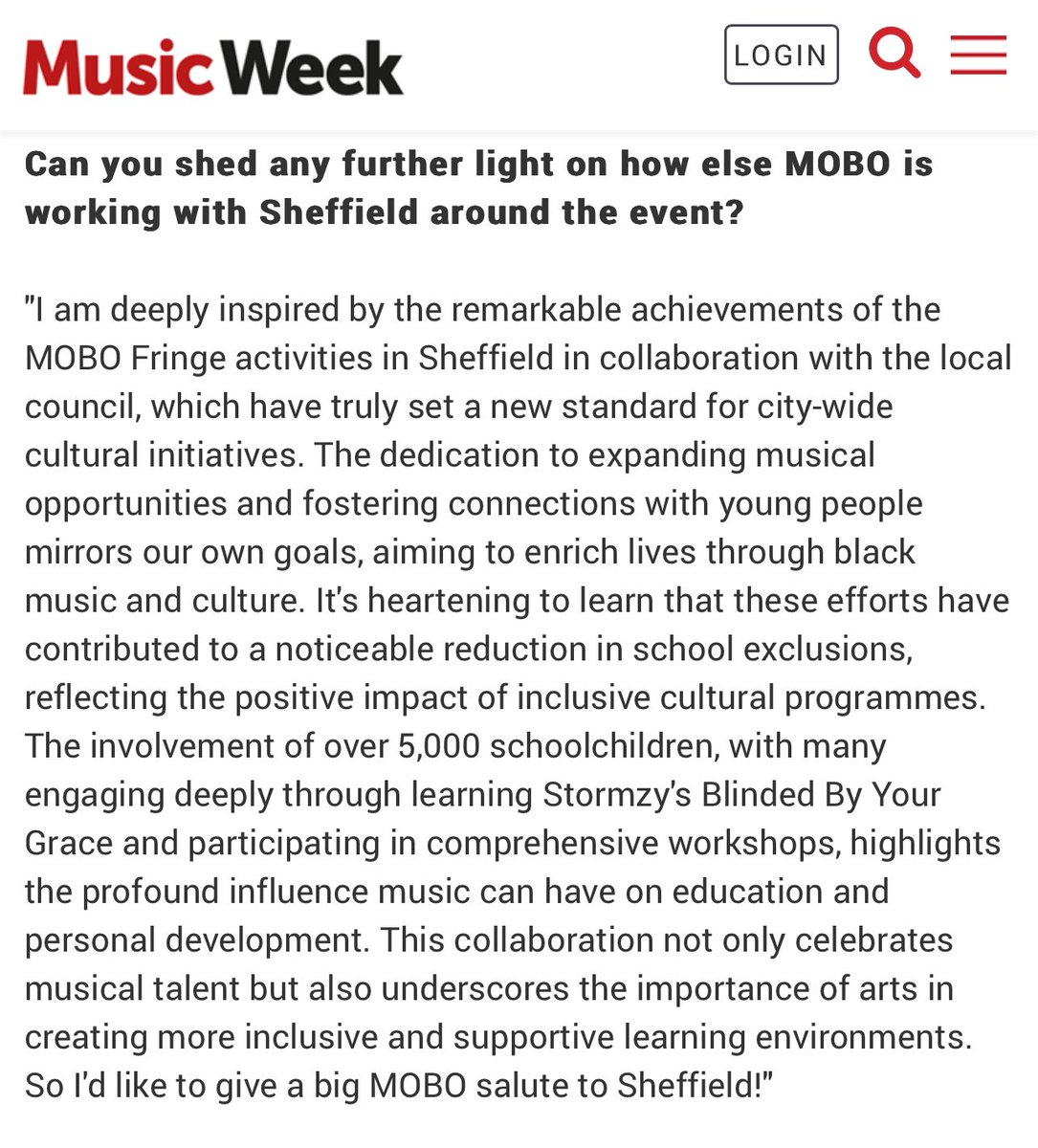 A big #MOBO ‘salute’ to #Sheffield as Host City @MOBOAwards 2024 in @MusicWeek ! So proud of our joint working - Community, Partners and Businesses all across the City. #Sheffield setting the UK standard! 🙌@SheffCouncil @SheffieldArena ⬇️