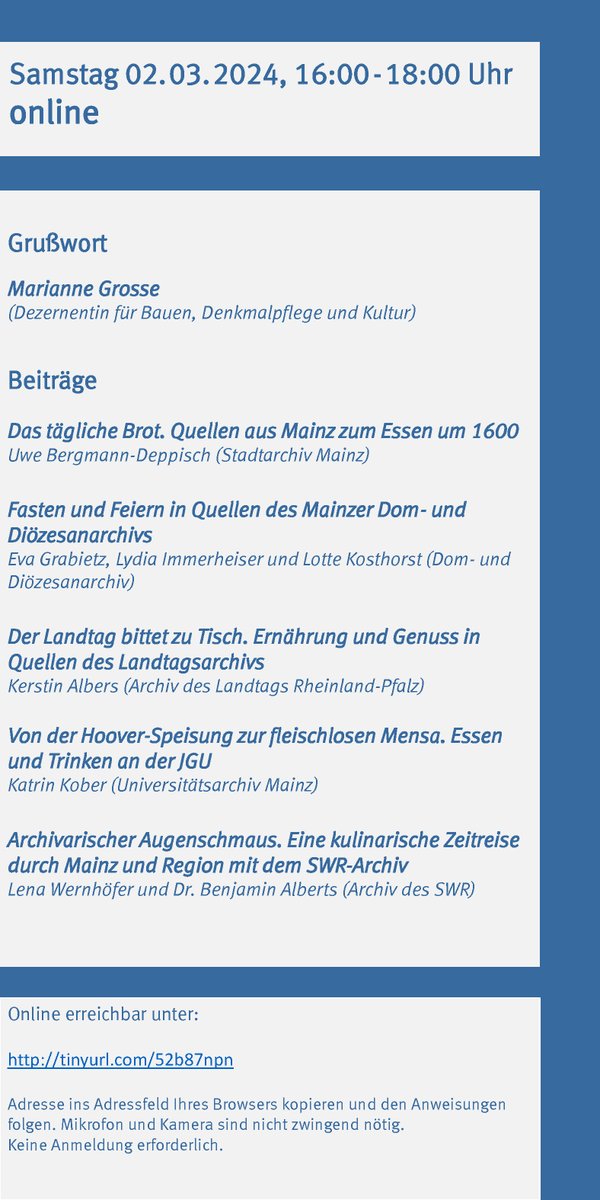Save the Date: Am 1. und 2.3. findet der Mainzer #TagDerArchive statt. Rund um das Thema "Essen und Trinken" präsentieren die #Mainzer #Archive Wissenswertes und Kurioses aus ihren Beständen. Am 2.3. sind wir online von 16-18 Uhr auch dabei (tinyurl.com/52b87npn).