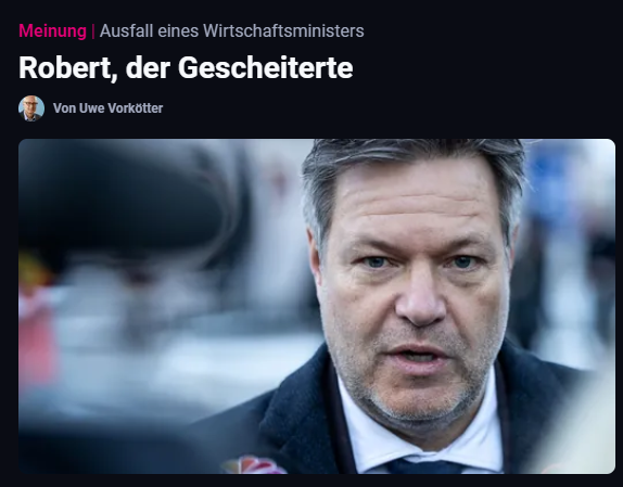 Vielleicht der dümmste Kommentar seit Langem. Das Einzige, was er #Habeck  vorwirft, ist die Blockadepolitik der FDP.  Darauf muss man auch erstmal kommen.