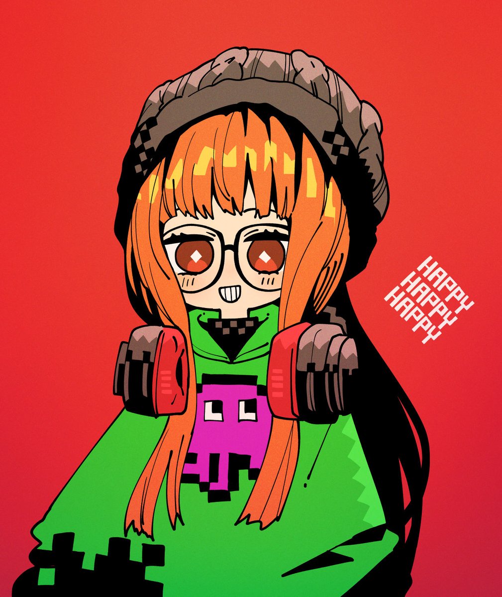 sakura futaba 1girl headphones long hair glasses orange hair smile red background  illustration images
