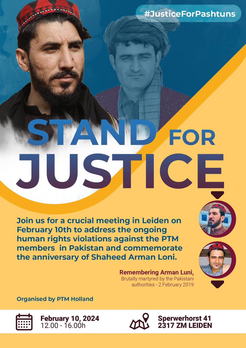 PTM Holland is organizing a meeting to highlight and discuss the human rights violations of Pashtun minority, especially PTM activists, in Pakistan. PTM leader @ManzoorPashteen is detained illegally & tortured in prison. Join us in Leiden! #FreeManzoorPashteen