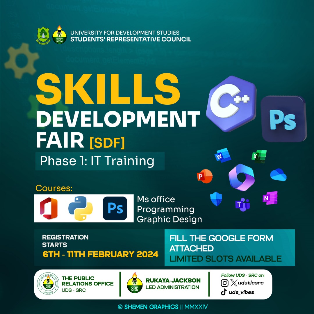 The SRC present SKILLS DEVELOPMENT FAIR (SDF) Phase 1, which focuses on training in I.T. Courses to be undertaken under this phase includes; 1. Ms Office 2. Programming 3. Graphic designing Attached is the link for registration. docs.google.com/forms/d/e/1FAI…