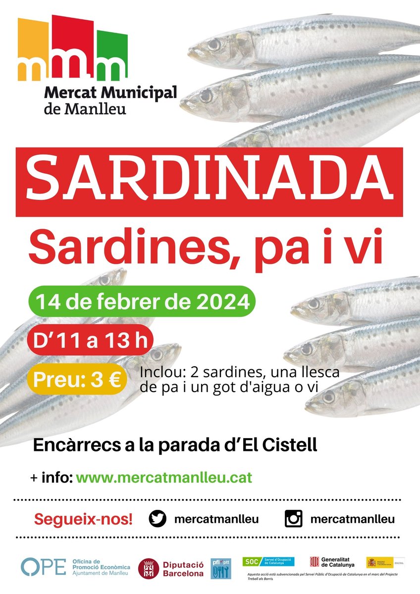 Nova edició de la Sardinada al Mercat 🐟

🗓 Dimecres 14 de febrer
🕦 D'11 a 13 h
📍Plaça del mercat municipal 

mercatmanlleu.cat/novetats/2024/…