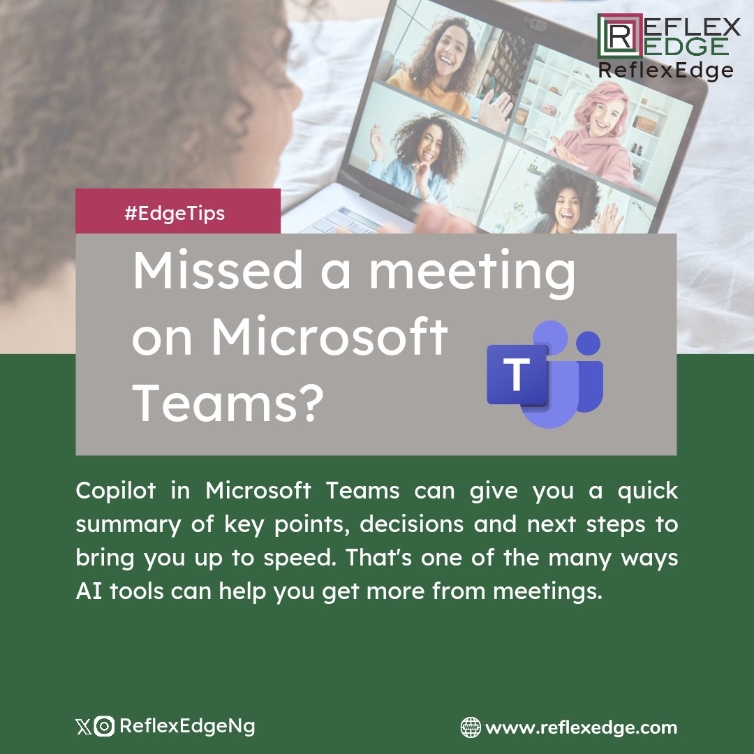 reflexedgeng's tweet photo. Missed a meeting on Microsoft Teams?
Copilot in Microsoft Teams can give you a quick summary of the meeting and keep you updated.
That's one of the many ways AI tools can help you get more form meetings.
Follow us for more.
#EdgeTips
#ReflexEdge
#Microsoft https://t.co/bW0JP9iUFM