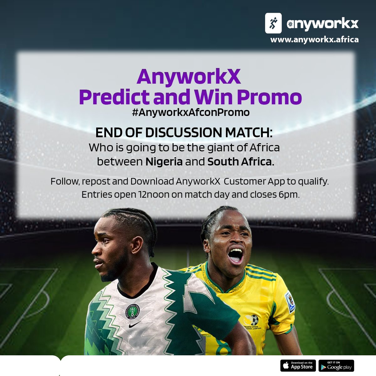 Anyworkx__'s tweet photo. AFCON END OF DISCUSSION MATCH 

Afrobeat vs Amapiano: Nigeria vs South Africa 

Who is the undisputed giant of Africa? 

Predict correctly the full time score across our social media to win.

Thread 1/3

#AnyworkxAfconPromo #TheFederalGovernment #mohbad #NGARSA #InternetShutdown https://t.co/qwzIWbt92X